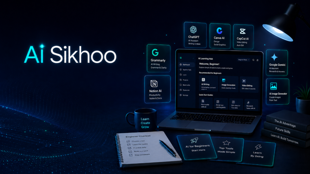 Best AI Tools for Beginners Best AI tools for beginners with laptop, ChatGPT, Canva AI, CapCut AI, Grammarly, Notion AI, and productivity icons
