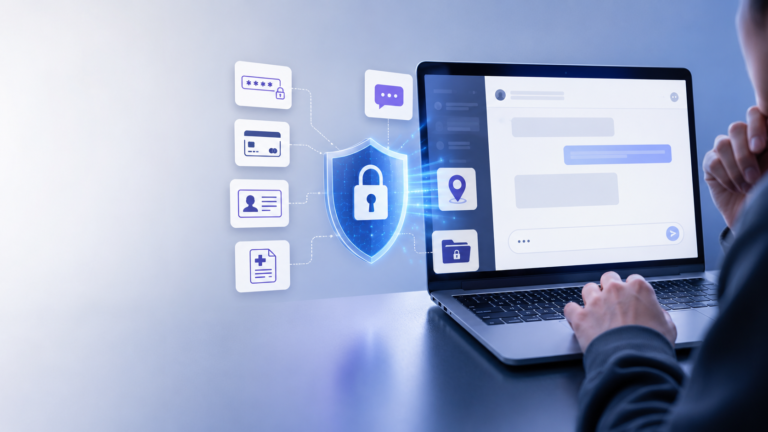 Person protecting passwords, banking details and private documents while using an AI chatbot