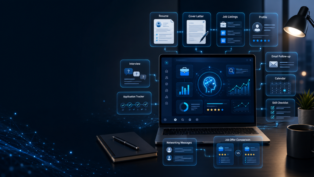 AI-powered job search workspace showing a resume, interview preparation, job applications, networking, and career planning