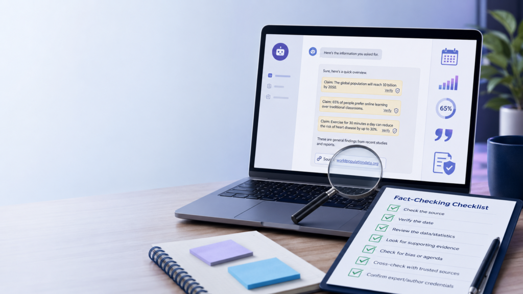 How to Fact-Check AI Answers in 2026: A Beginner’s 10-Step Checklist Beginner checking AI-generated answers using a fact-checking checklist and trusted sources