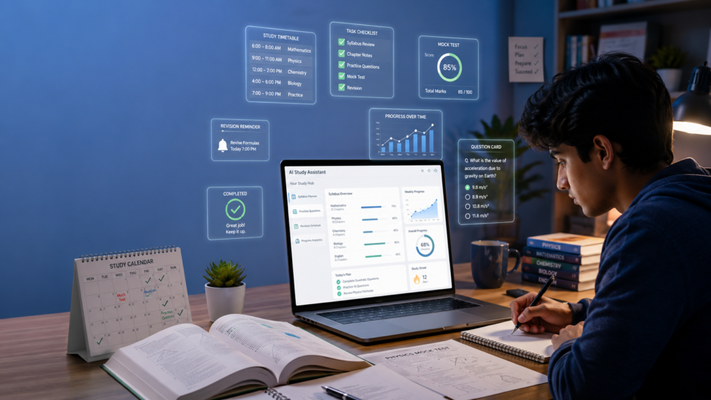 Student using AI for exam preparation, study planning, practice questions and revision