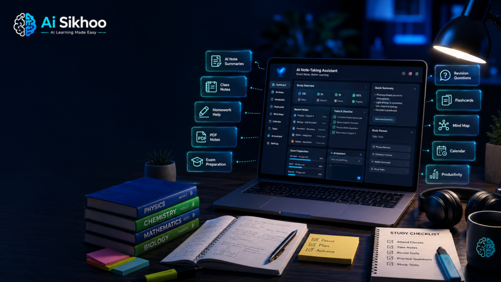 AI note-taking tools for students in 2026 with laptop, digital notes, study checklist, books, calendar, and AI learning dashboard