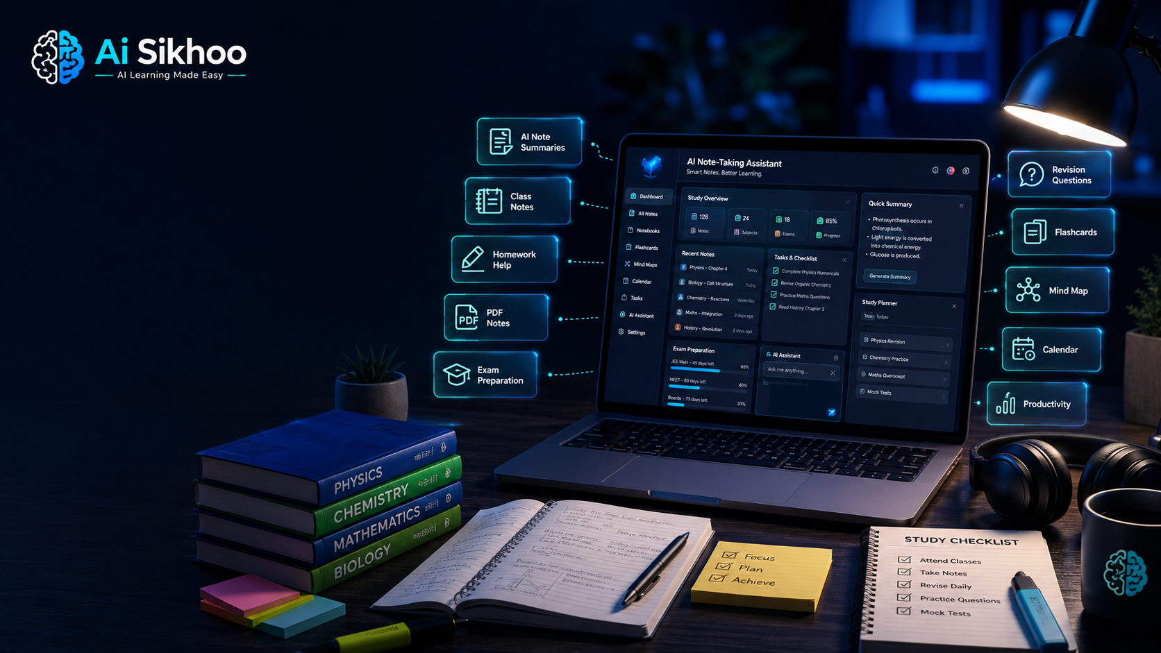 AI note-taking tools for students in 2026 with laptop, digital notes, study checklist, books, calendar, and AI learning dashboard