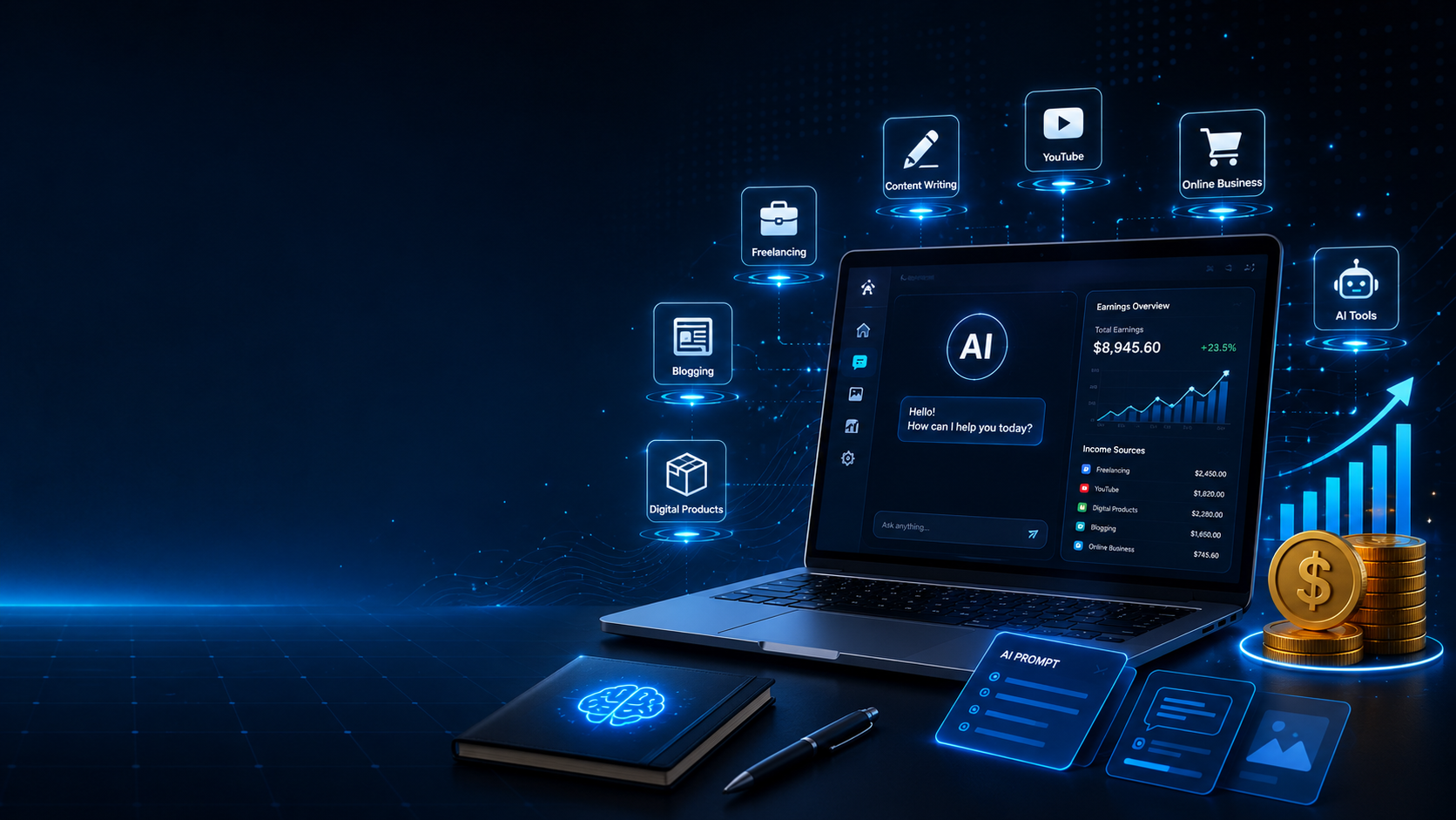 How to make money with AI in 2026 beginner guide showing laptop, AI tools, online earning, freelancing, blogging, YouTube, and digital products