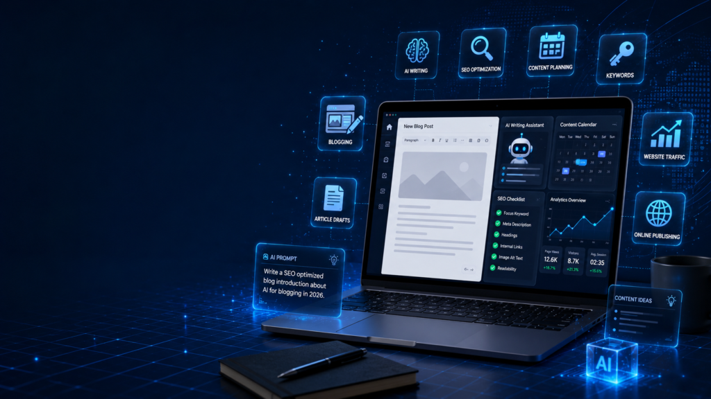 AI for blogging in 2026 beginner guide showing laptop, blog editor, AI writing tools, SEO checklist, content calendar, and website analytics