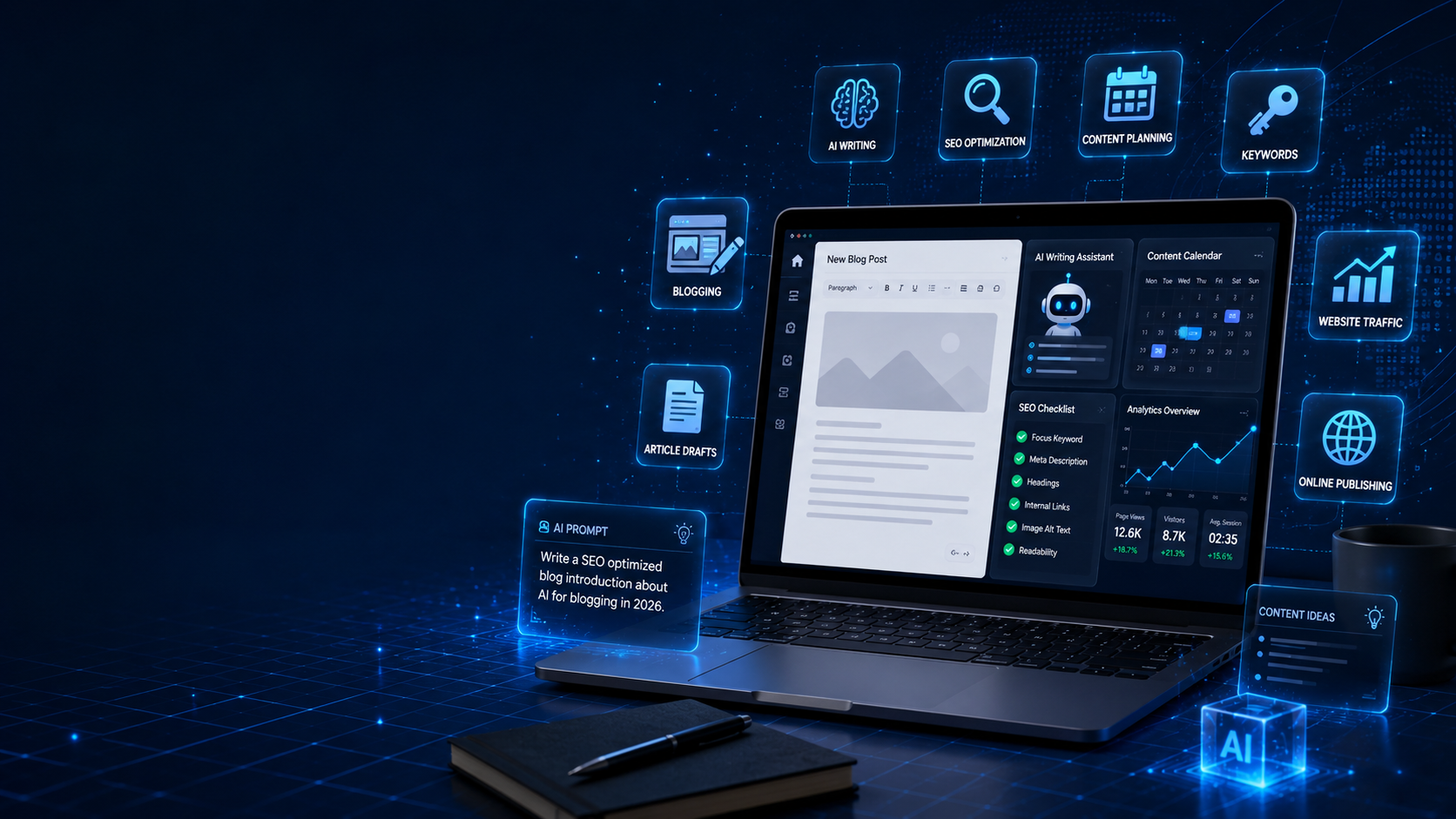 AI for blogging in 2026 beginner guide showing laptop, blog editor, AI writing tools, SEO checklist, content calendar, and website analytics