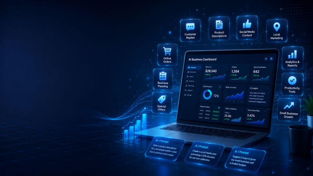AI tools for small business owners in 2026 showing laptop, AI business dashboard, customer replies, product descriptions, social media, local marketing, and planning icons