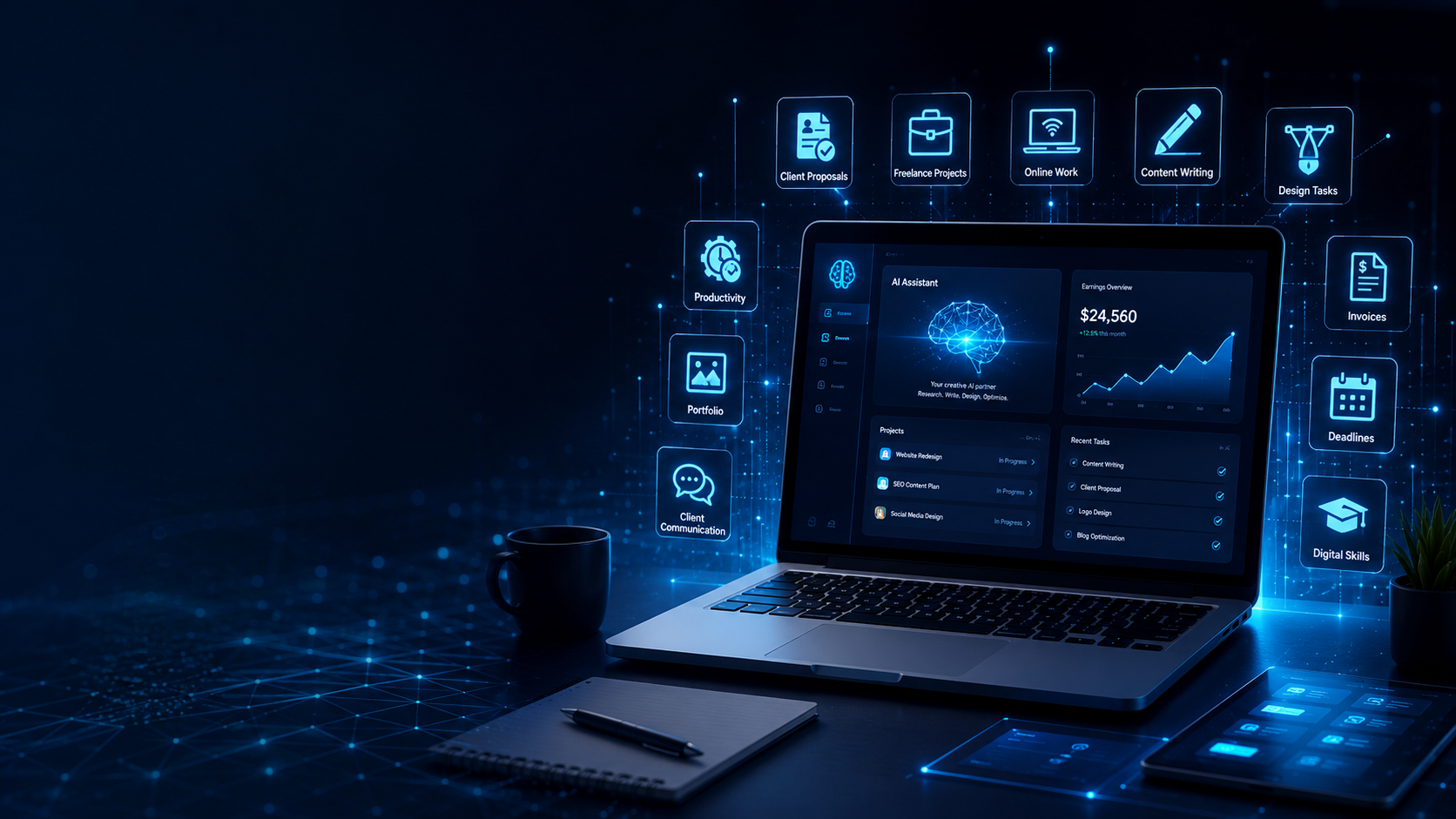 AI tools for freelancers in 2026 showing laptop, AI freelance dashboard, client proposals, online work, productivity, portfolio, and project planning icons