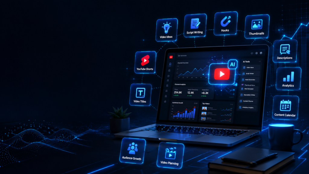 AI for YouTube in 2026 beginner guide showing laptop, AI YouTube dashboard, video ideas, scripts, thumbnails, Shorts, titles, and analytics icons
