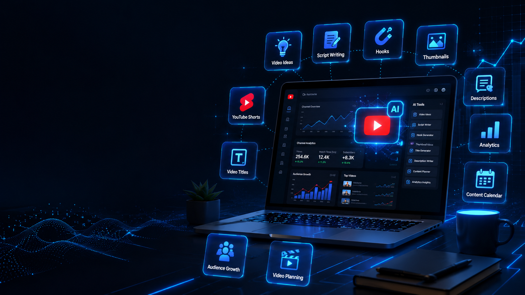 AI for YouTube in 2026 beginner guide showing laptop, AI YouTube dashboard, video ideas, scripts, thumbnails, Shorts, titles, and analytics icons