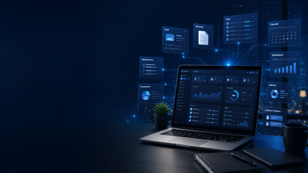 How to Use AI for Office Work in 2026: 15 Practical Ways to Save Time AI-powered office workspace showing emails, documents, meetings, spreadsheets, task planning, and productivity tools