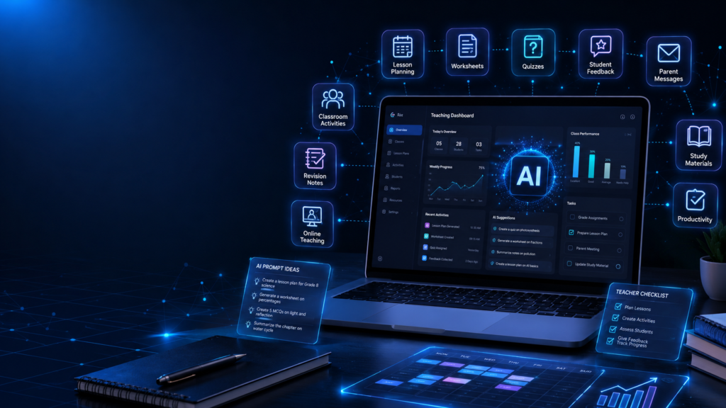 AI tools for teachers in 2026 showing laptop, AI teaching dashboard, lesson planning, worksheets, quizzes, feedback, parent messages, and classroom activity icons