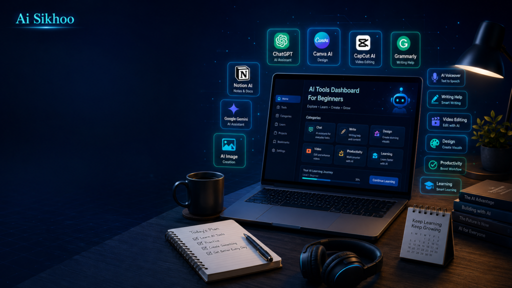 Best AI tools for beginners shown on a laptop dashboard with icons for ChatGPT, Canva AI, CapCut, Grammarly, Notion, and Google Gemini on a modern dark workspace