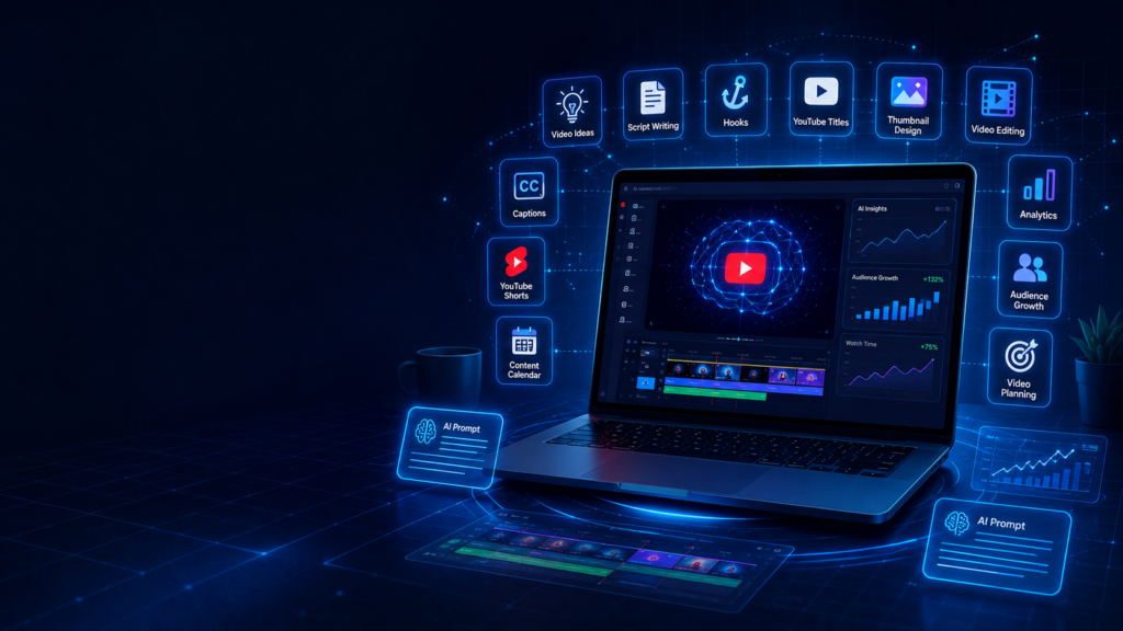 Best AI tools for YouTube creators in 2026 showing laptop, AI YouTube dashboard, scripts, thumbnails, video editing, Shorts, analytics, and content planning icons