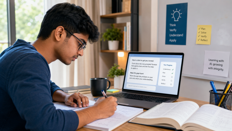 Student using AI for homework responsibly without copying answers