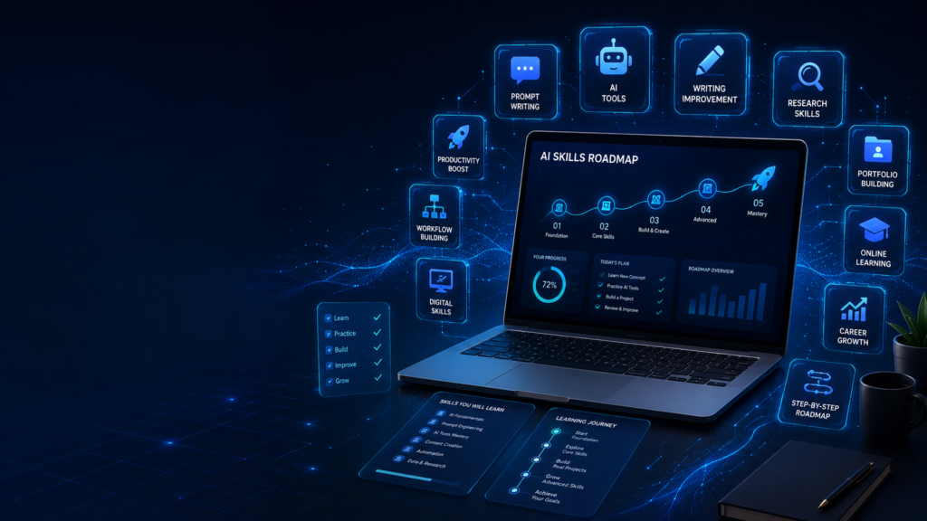 Learn AI skills in 2026 beginner roadmap showing laptop, AI tools, prompt writing, research, productivity, workflows, portfolio, and digital skills icons