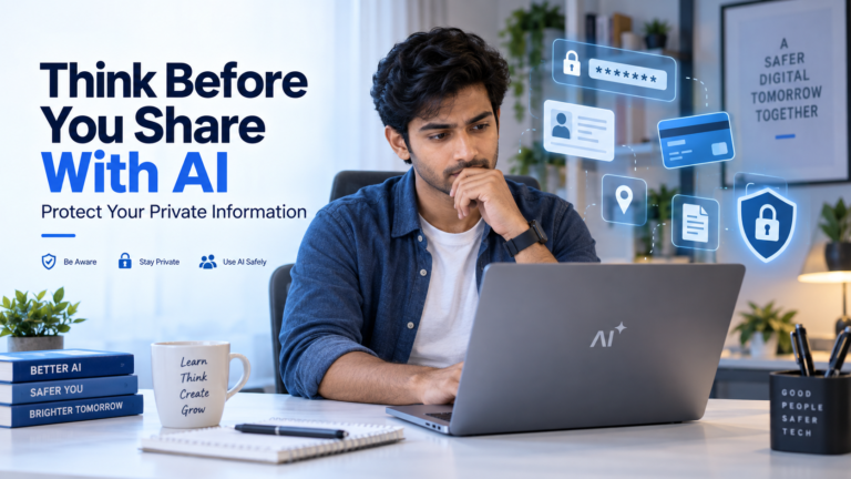 Person checking sensitive information before sharing it with an AI tool on a laptop.