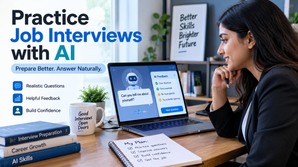 Job seeker practising interview questions with an AI assistant on a laptop while preparing notes for a job interview.