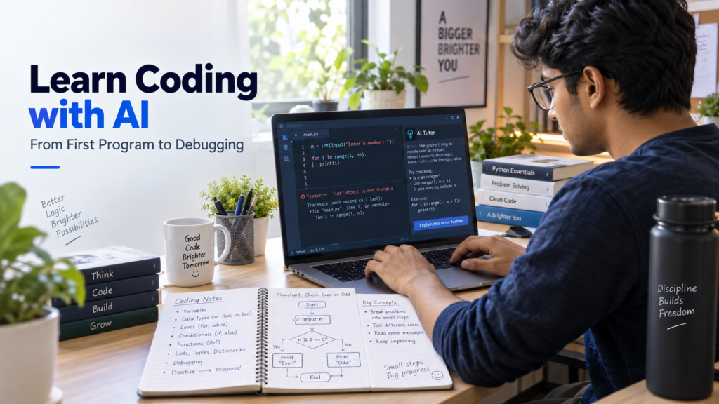 Student using AI to learn coding, debug errors, and practise programming on a laptop