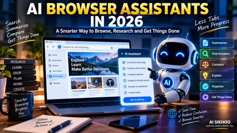 Featured image showing an AI browser assistant helping with web research, page summaries, comparisons and information verification in 2026.