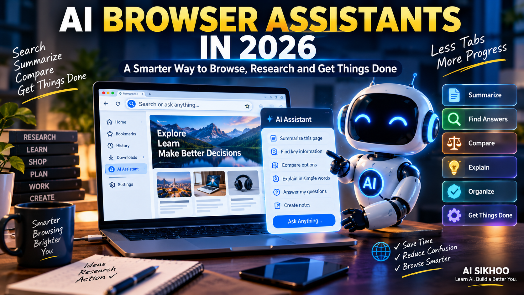Featured image showing an AI browser assistant helping with web research, page summaries, comparisons and information verification in 2026.