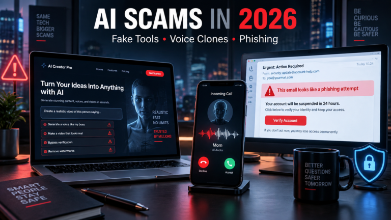 Featured image about AI scams in 2026 showing a suspicious AI tool, voice-clone call and phishing message.