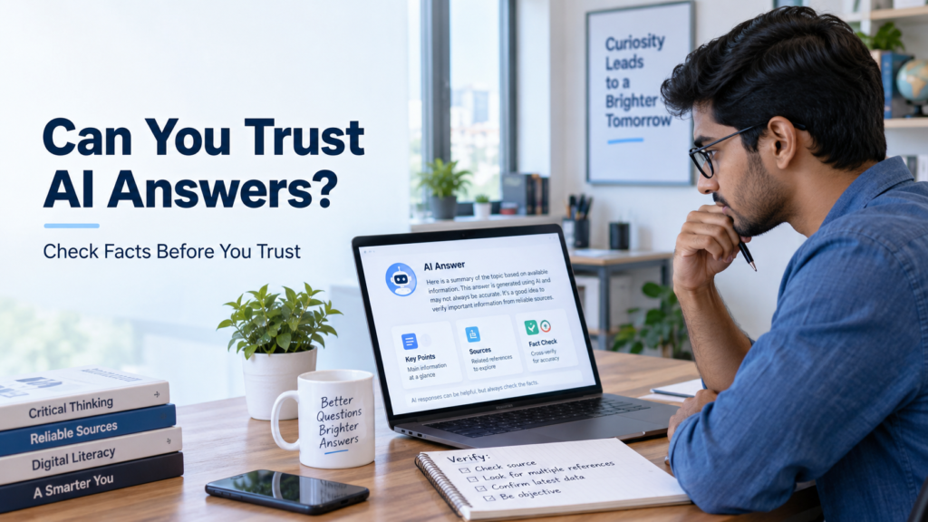 Person reviewing an AI-generated answer on a laptop and checking important information before trusting it.