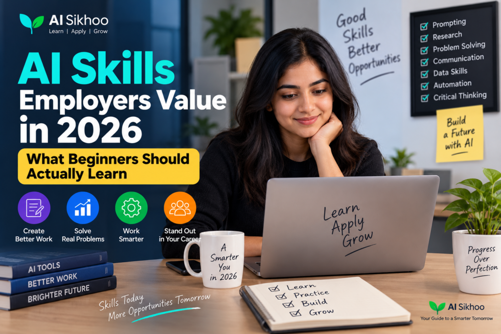 Featured image showing practical AI skills employers value in 2026, including prompting, research, problem solving, communication, data skills, automation and critical thinking.