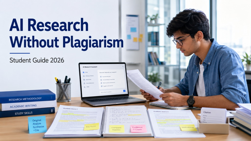 Student using AI for academic research while reviewing sources, notes and citations