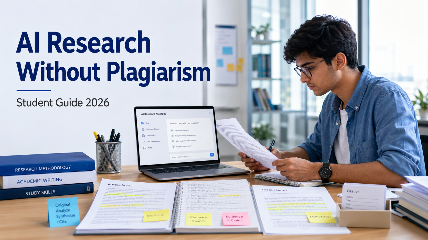 Student using AI for academic research while reviewing sources, notes and citations