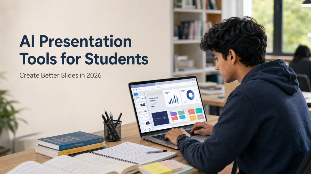Student using AI presentation tools to create slides for a college presentation